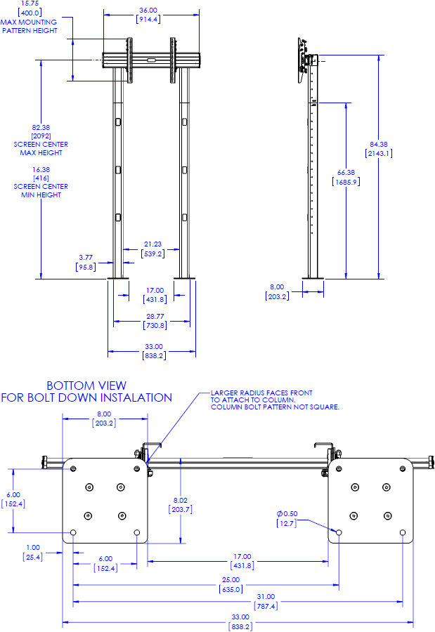 Technical Drawing for Chief XBM1U FUSION XL Single Bolt-Down Freestanding Video Wall