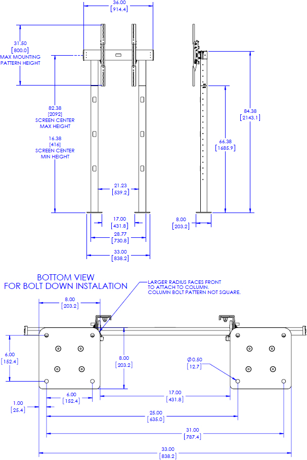 Technical Drawing for Chief XBM1UP XL Single Bolt-Down Freestanding Video Wall, Portrait