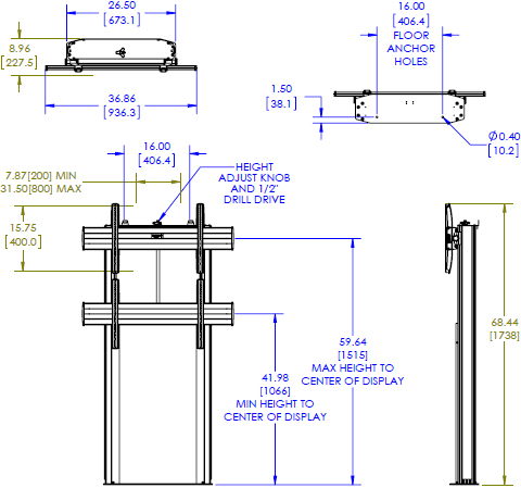 Technical Drawing for Chief XFA1UB X-Large Fusion Manual Height Adjustable Floor Mount