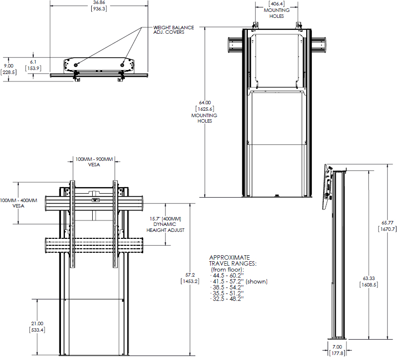 Technical Drawing for Chief LFD1U Large Fusion Dynamic Height Adjustable Floor Support