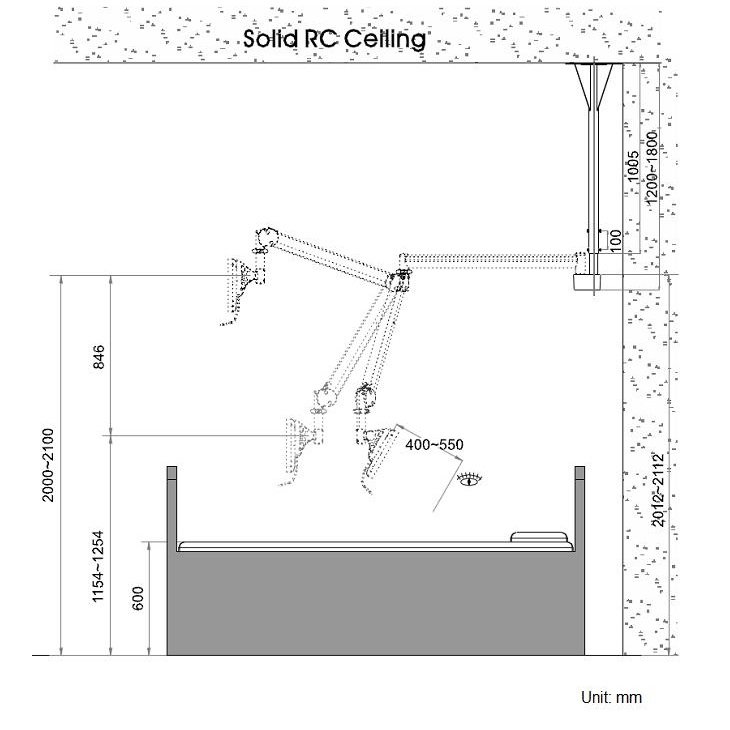 Drawing - Cotytech CM-M25KN Long Reach LCD Medical Arm Ceiling Mount 