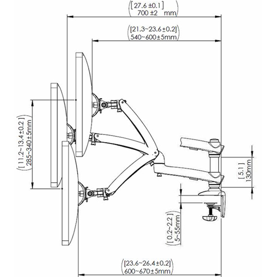 Technial drawing for Cotytech DM-GSTA Triple Apple Monitor Desk Mount Spring Arm