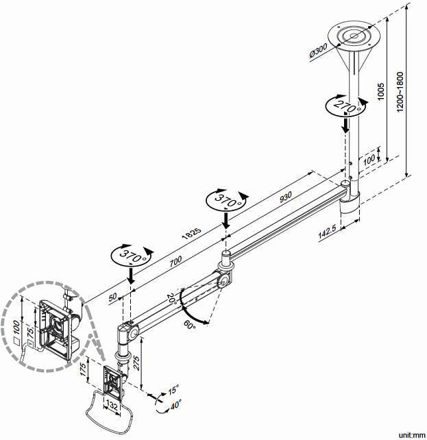 Technical drawing for Cotytech CM-M123N Long Reach Medical Arm Ceiling Mount