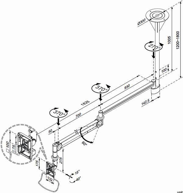 Technical drawing for Cotytech CM-M125N Long Reach Ceiling Mount Medical Arm