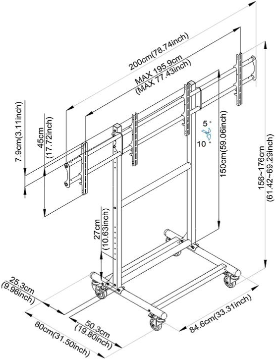 Technical drawing for Cotytech CT-OS37 Adjustable Ergonomic Mobile Dual TV Cart