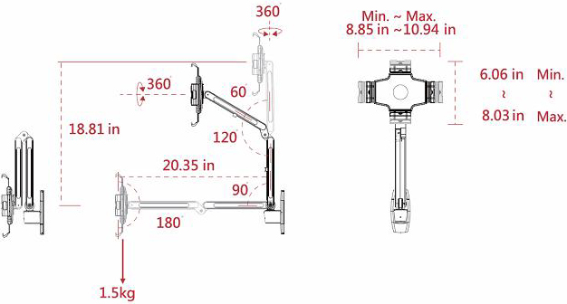 Technical drawing for Cotytech MW-2W iPad Wall Mount Dual Arm