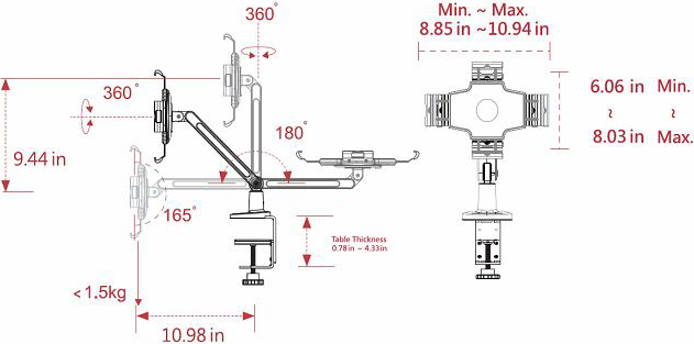 Technical drawing for Cotytech DM-1W iPad Desk Mount Single Arm