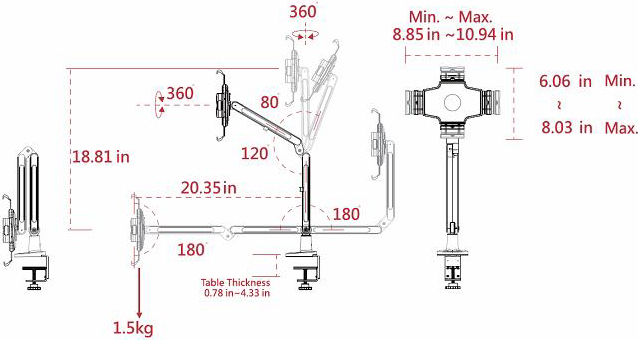 Technical drawing for Cotytech DM-2W iPad Desk Mount Dual Arm