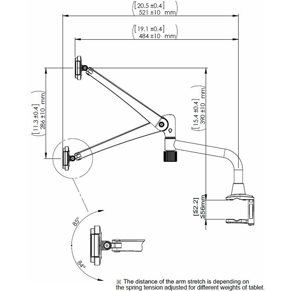 Technical drawing for Cotytech DTM-4 Articulating Desk and Tube Mount, iPad and Tablet