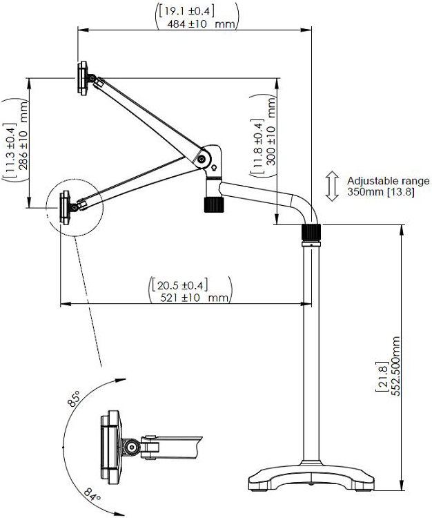 Technical drawing for Cotytech FLS-4 Articulating Floor Stand for iPad mini & iPad Air