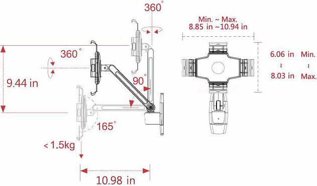 Technical drawing for Cotytech MW-1W iPad Wall Mount Single Arm