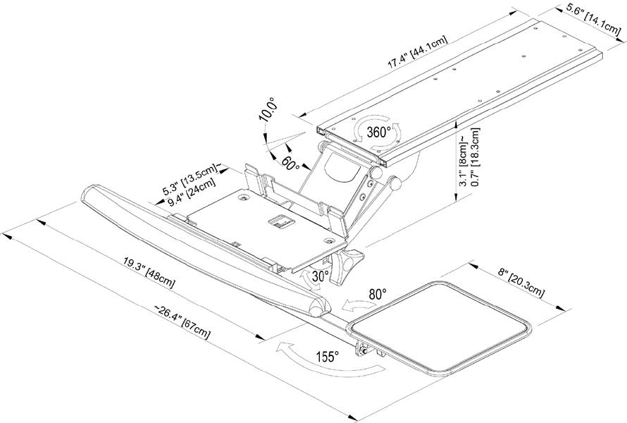 Technical drawing for Cotytech KGB-5A Fully Adjustable Keyboard Mouse Tray