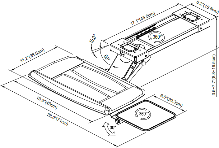 Technical drawing for Cotytech KGM-5A-BB Fully Adjustable Keyboard Tray Ball Bearing