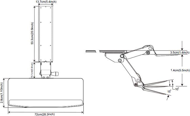 Technical drawing for Cotytech KS-833 Height Adjustable Keyboard Tray