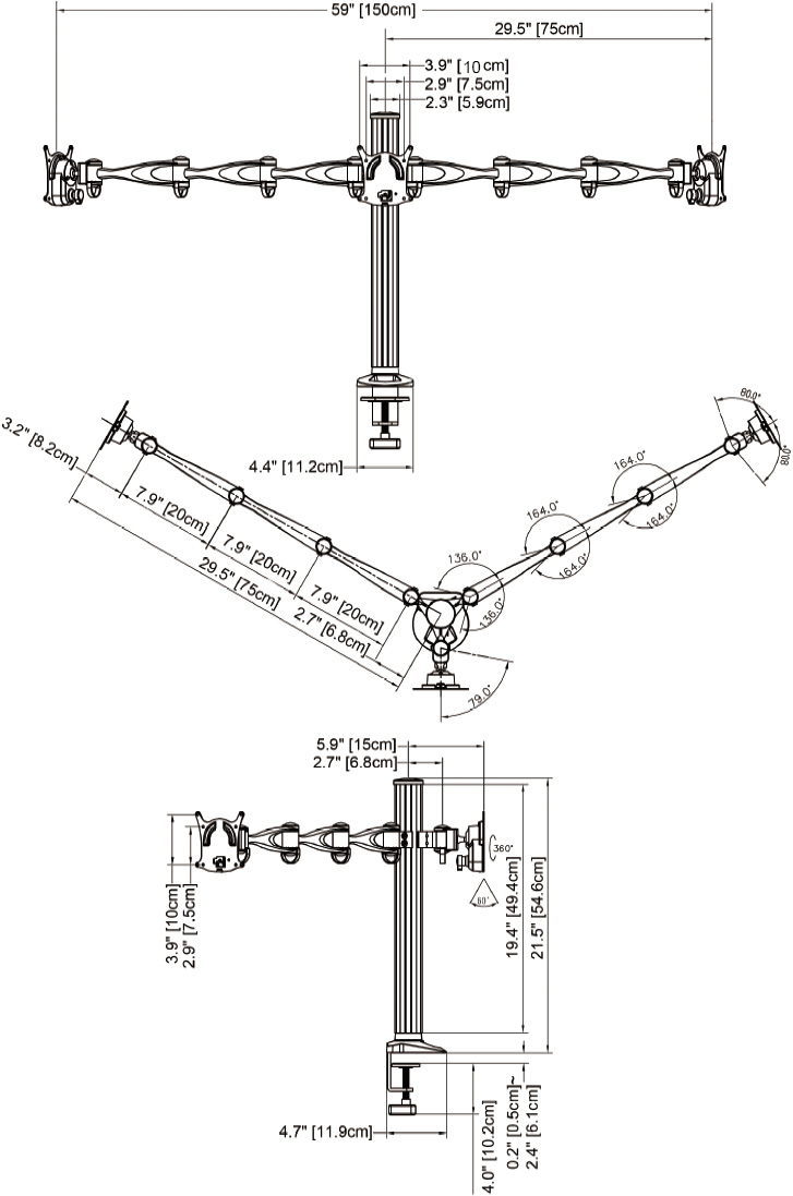 Technical Drawing for Cotytech DM-T1A3 Triple LED Monitor Stand Desk Mount Arm