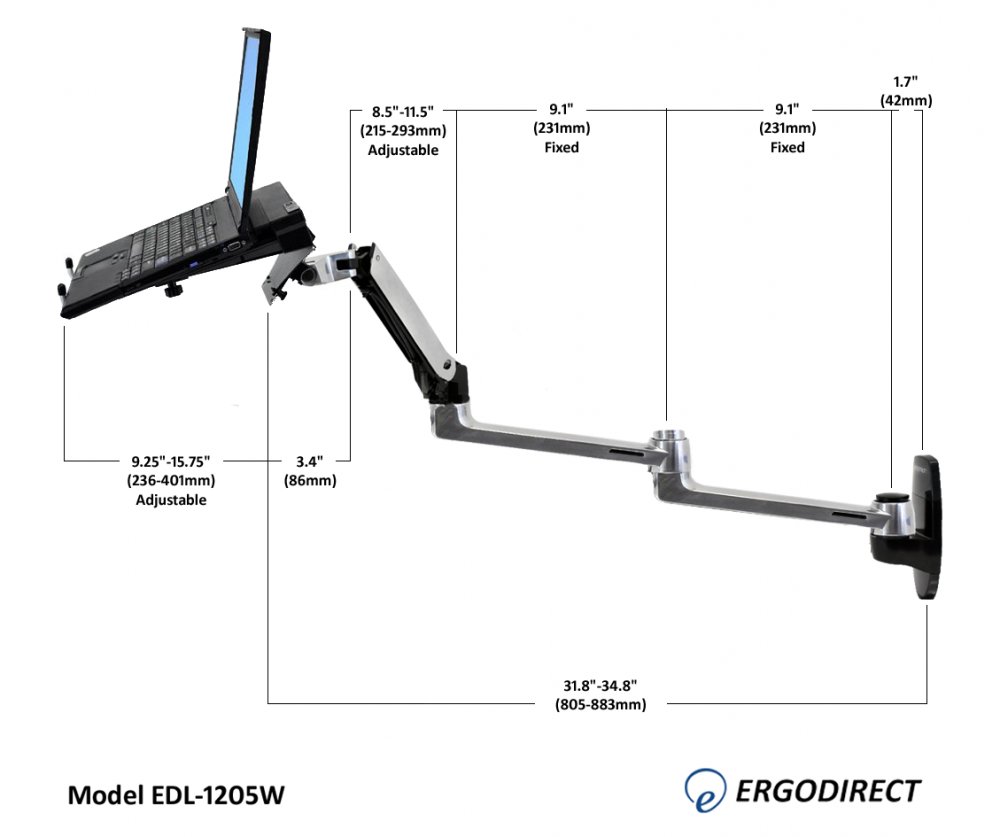 Dimensions of long laptop arm EDL-1205W