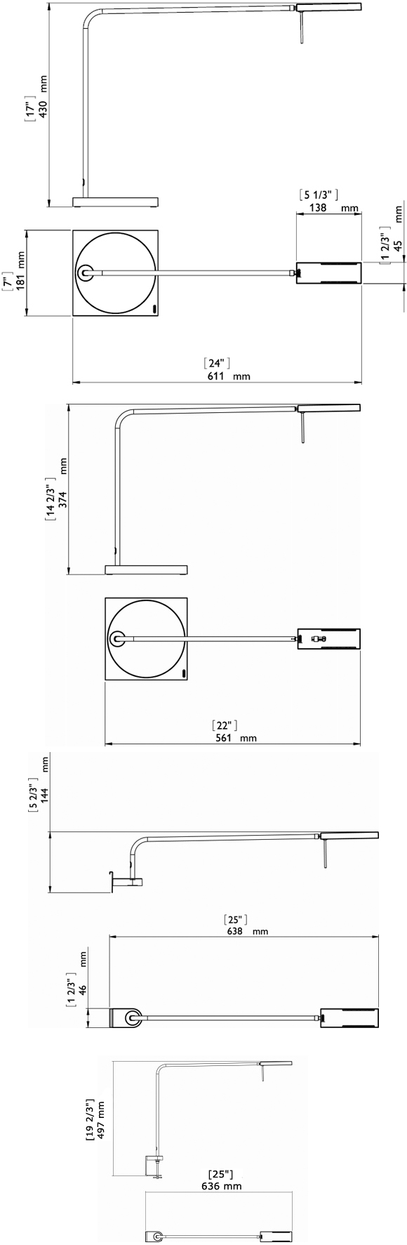 Technical Drawing for Luxo Ninety 16747 or 16748 Energy Efficient LED Ergonomic Task Light