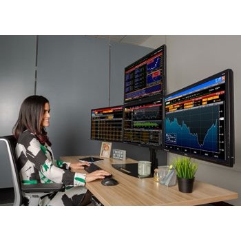Ergotech Quad 1x3 Monitor Desk Stand in application