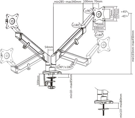 Technical Drawing for Ergotech ALIGN-2 Align Articulating Dual Monitor Arm