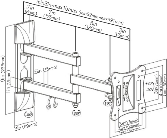 Technical Drawing for Ergotech LD1327-A Full-Motion TV Wall Mount