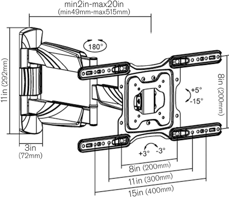Technical Drawing for Ergotech LD2355-A Elegant Full-Motion TV Wall Mount