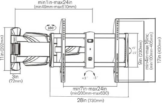 Technical Drawing for Ergotech LD3770-A Elegant Full-Motion TV Wall Mount
