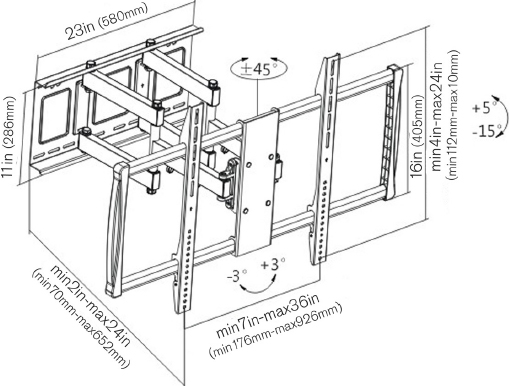 Technical Drawing for Ergotech LD60100-A X-Large HD Full-Motion Curved TV Wall Mount