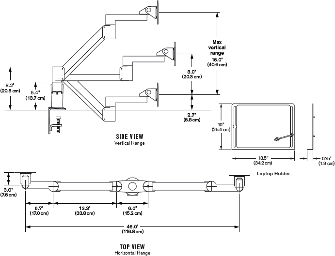 Technical drawing for Ergotech 7Flex Laptop for PC and iMac - 7FLEX-LAPTOP-104