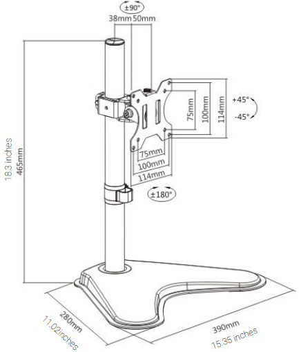 Technical drawing for Ergotech Single Monitor Desk Stand - DMRS-1