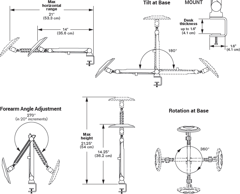 Technical Drawing for Ergotech TBLK-DC-ETUS-124 TABLIK Flexible Articulating Tablet Arm