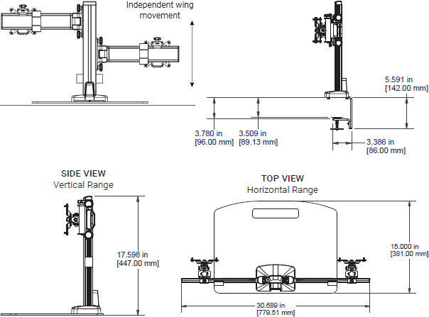 Technical drawing for Ergotech Dual Monitor Horizontal Desk Stand