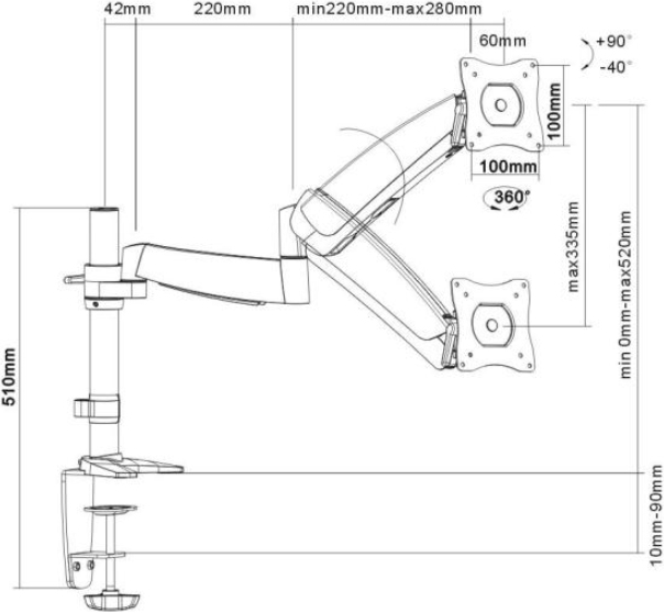 Technical Drawing for Ergotech 320-C14-C012 One-Touch Two Links Monitor Arm