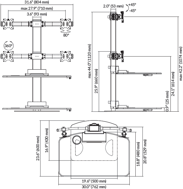 Technical Drawing for Ergotech FDM-STAND-2 Dual Freedom Sit-Stand Desk Workstation