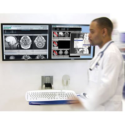 Inused image of Ergotron 28-513-100 Neo-Flex Keyboard Wall Mount with 28-514-800 Dual Monitor Wall Mount