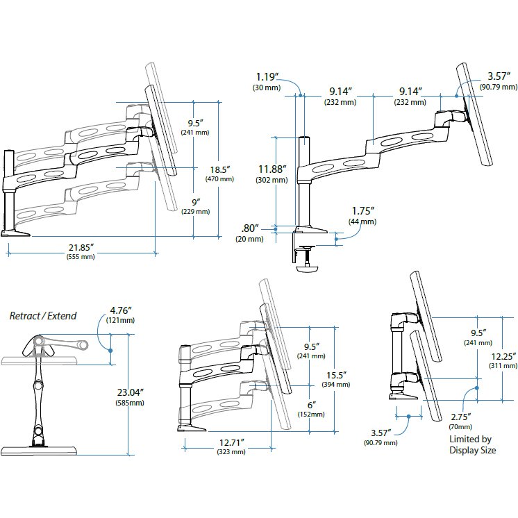 Technical drawing of Ergotron 45-235-194 Monitor Arm