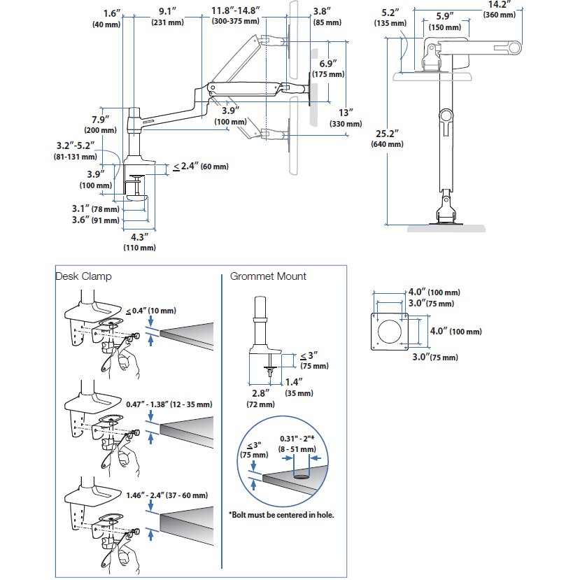 Technical Drawing of Ergotron 45-241-026 Monitor Arm