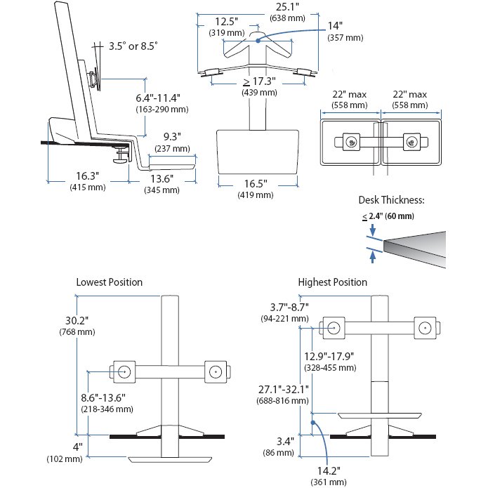 Technical drawing of Sit-Stand Workstation Ergotron 33-341-200