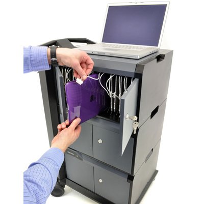 In used image of Ergotron 24-239-085 Tablet or iPad Management Cart with Individual Status Indicators (ISI), Three Modules, 48 Tablet capacity (Black)