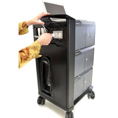 Back side of Ergotron 24-239-085 Tablet or iPad Management Cart with Individual Status Indicators (ISI), Three Modules, 48 Tablet capacity (Black)