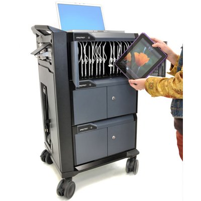 In used image of Ergotron 24-239-085 Tablet or iPad Management Cart with Individual Status Indicators (ISI), Three Modules, 48 Tablet capacity (Black)