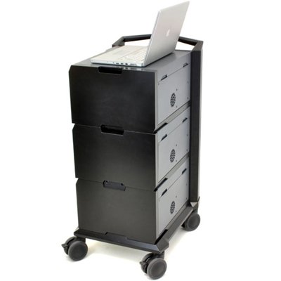 Side view of Ergotron 24-239-085 Tablet or iPad Management Cart with Individual Status Indicators (ISI), Three Modules, 48 Tablet capacity (Black)
