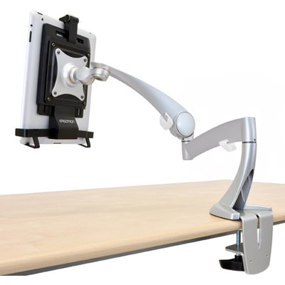 Ergotron 45-174-300 Neo-Flex LCD Desk Mount Arm is attached with 80-106-085 Tablet Cradle