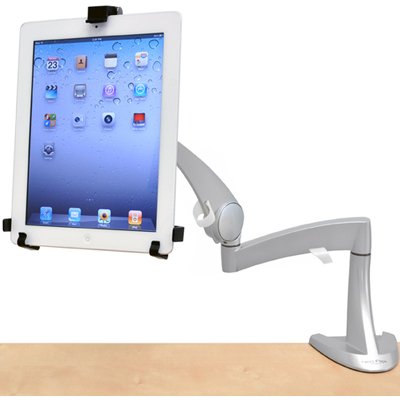 Ergotron 45-174-300 Neo-Flex LCD Desk Mount Arm is attached with 80-106-085 Tablet Cradle