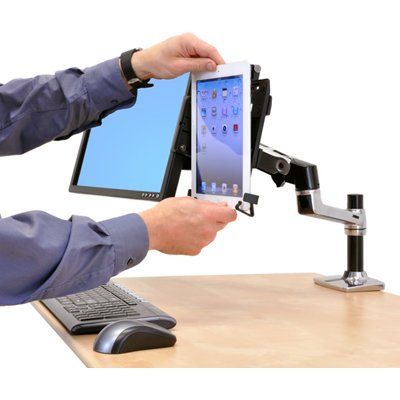 Ergotron 80-106-085 Universal Tablet Cradle is attached with a Dual Desk Arm that is shown beside a monitor