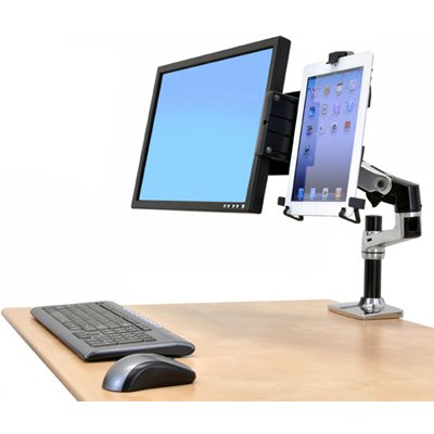 Ergotron 80-106-085 Universal Tablet Cradle is attached with a Dual Desk Arm that is shown beside a monitor