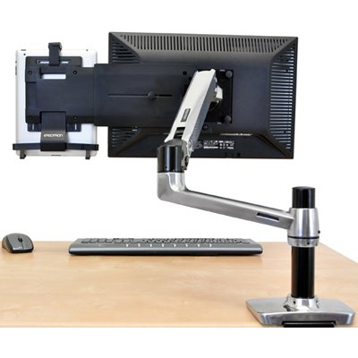 Back View of Ergotron 80-106-085 Universal Tablet Cradle is attached with a Dual Desk Arm that is shown beside a monitor