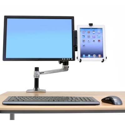 Ergotron 80-106-085 Universal Tablet Cradle is attached with a Dual Desk Arm that is shown beside a monitor