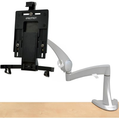 Ergotron 45-174-300 Neo-Flex LCD Desk Mount Arm is attached with 80-106-085 Tablet Cradle