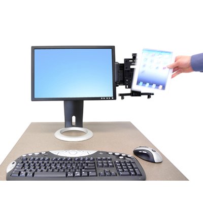 Ergotron 80-106-085 Universal Tablet Cradle is attached with a Desk Stand that is shown beside a monitor
