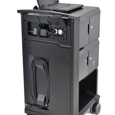 Side view of Ergotron 24-238-085 Tablet or iPads Management Cart with Individual Status Indicators (ISI), Two Modules, 32 Tablet Capacity (Black)